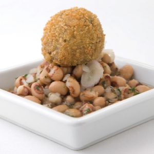 Fried Hogs Head Cheese with Black-eyed Pea and Sweet Potato Vinegar Caviar