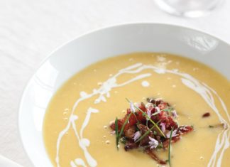 Corn Soup with Pork Belly Marmellata