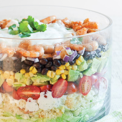 Southwest Layered Salad with Shrimp and Cilantro Lime Dressing