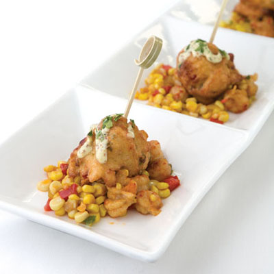 Shrimp and Andouille Beignets with Crawfish Corn Maque Choux