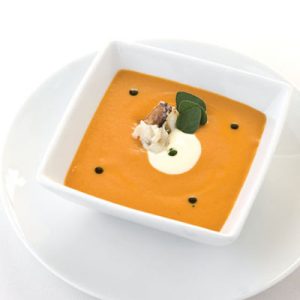 Smoked Tomato Soup with White Wine Crab and Crème Fraîche