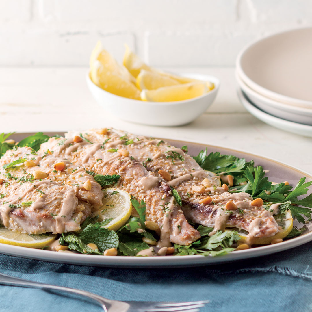 Roasted Speckled Trout with Tahini and Pine Nuts - Louisiana Cookin