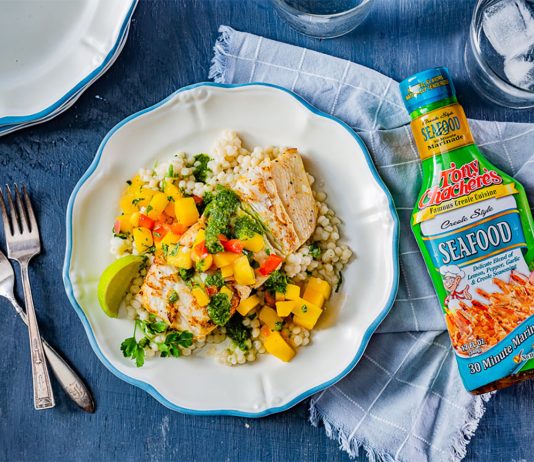 Creole Chimichurri Red Pepper and Mango Halibut with Cilantro Couscous