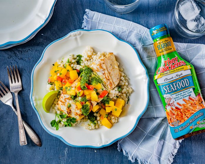 Creole Chimichurri Red Pepper and Mango Halibut with Cilantro Couscous